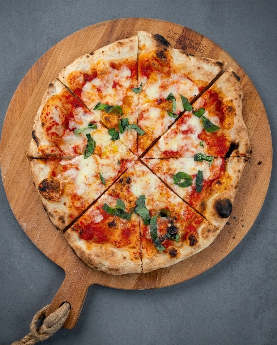 Napolitaanse pizza Margherita, vers gebakken en in punten gesneden op een houten plank