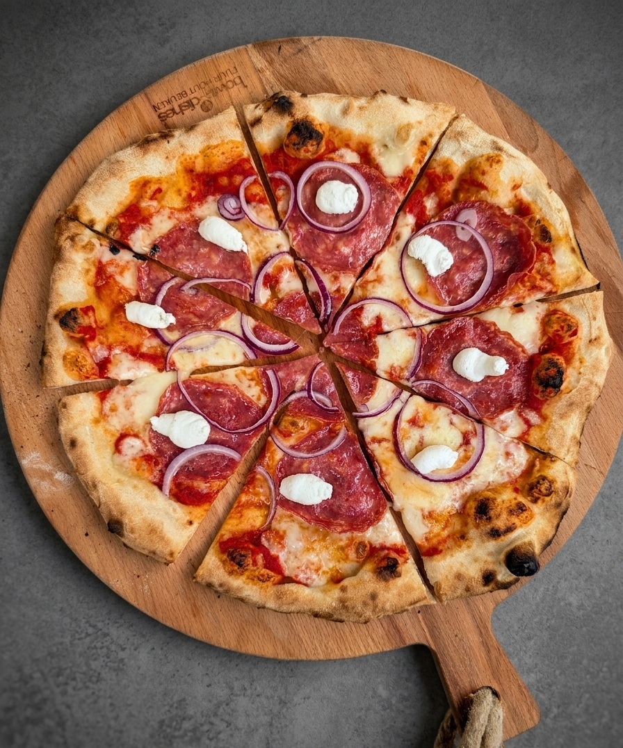 Napolitaanse pizza Salami, vers uit de houtoven en in punten gesneden