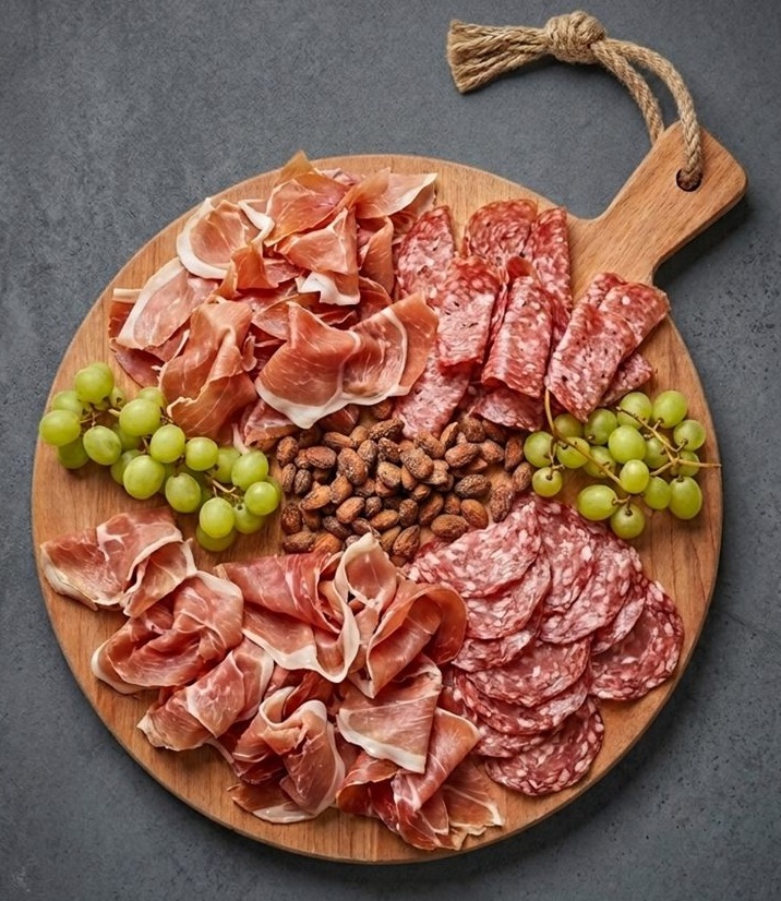 Piccolo borrelplank met Prosciutto di Parma, salami, gebrande amandelen en druiven
