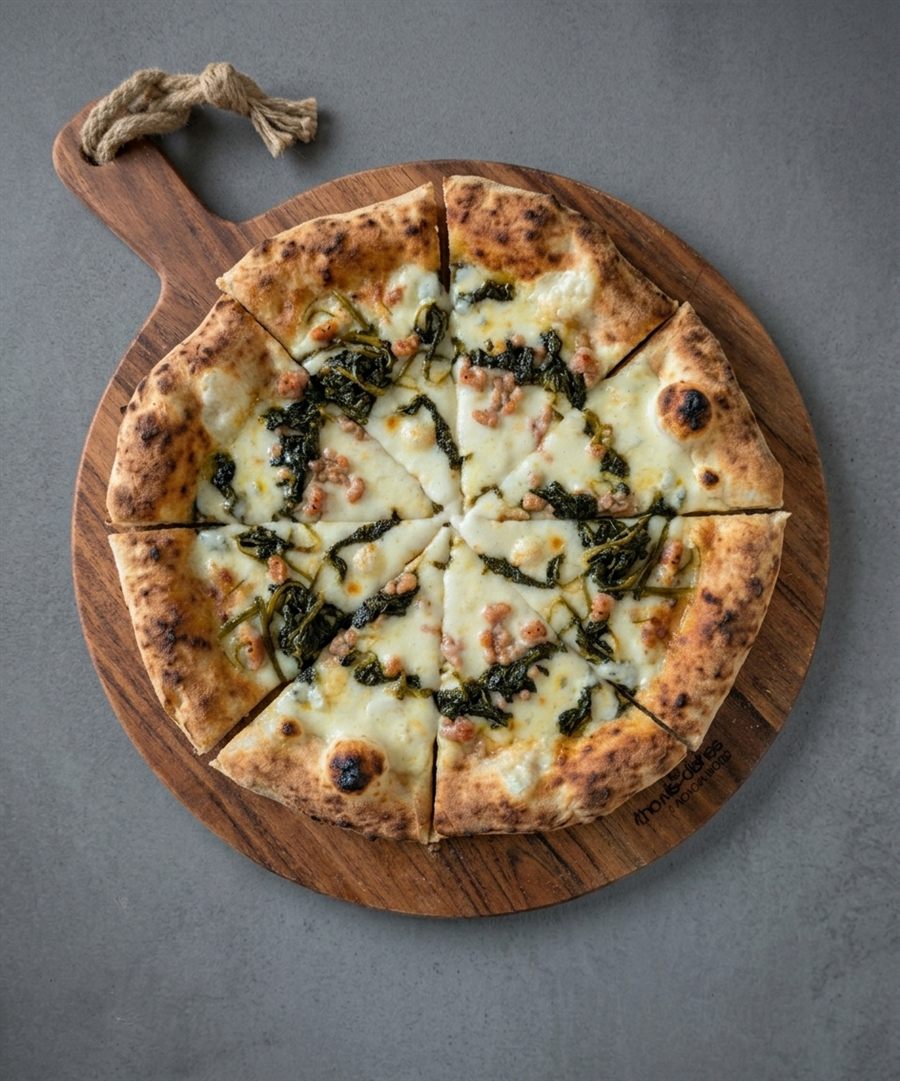 Pizza Salsiccia e Friarielli met Italiaanse worst en friarielli, in punten op een houten plank